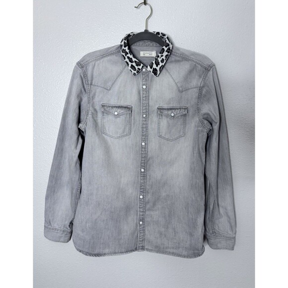 All Saints Rewa Distressed Denim Snap Shirt Size Medium - Picture 1 of 9
